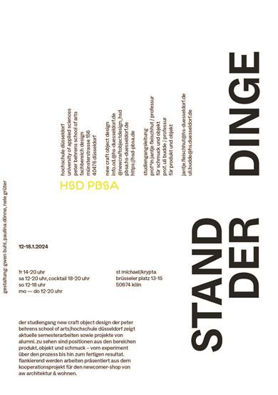 Invitation to the exhibition of current semester projects from the New Craft Object Design programme.